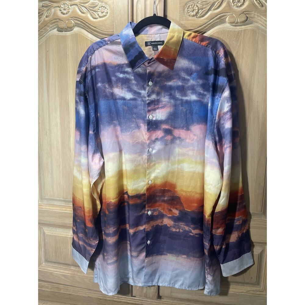 INC Unisex Shirt Lightweight Large Button Down Unique Sunset Watercolor design - Picture 3 of 11